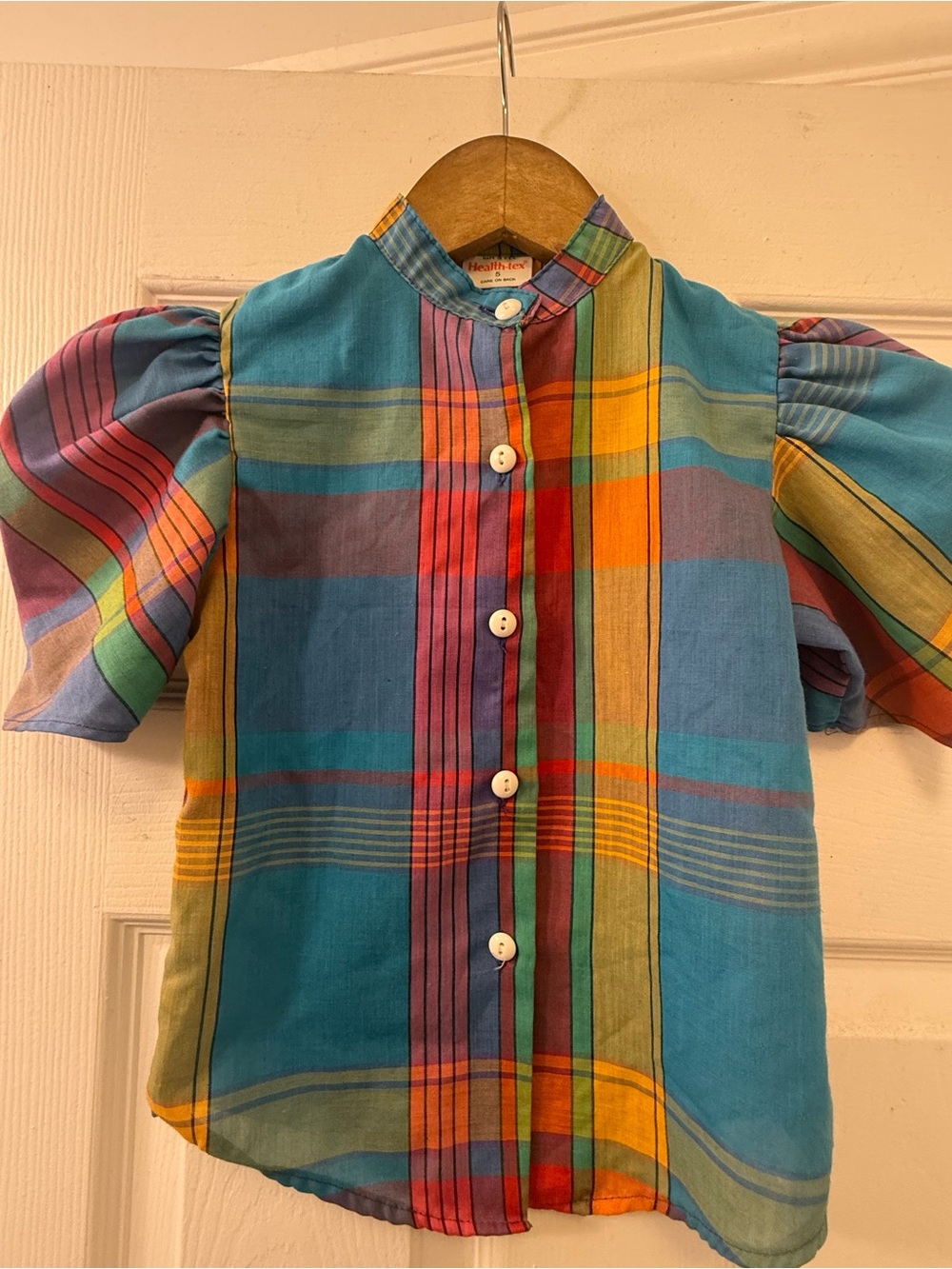 Vintage Girl’s Health-Tex Colorful Plaid Puff-Sleeve Kids Shirt - Blue Multi